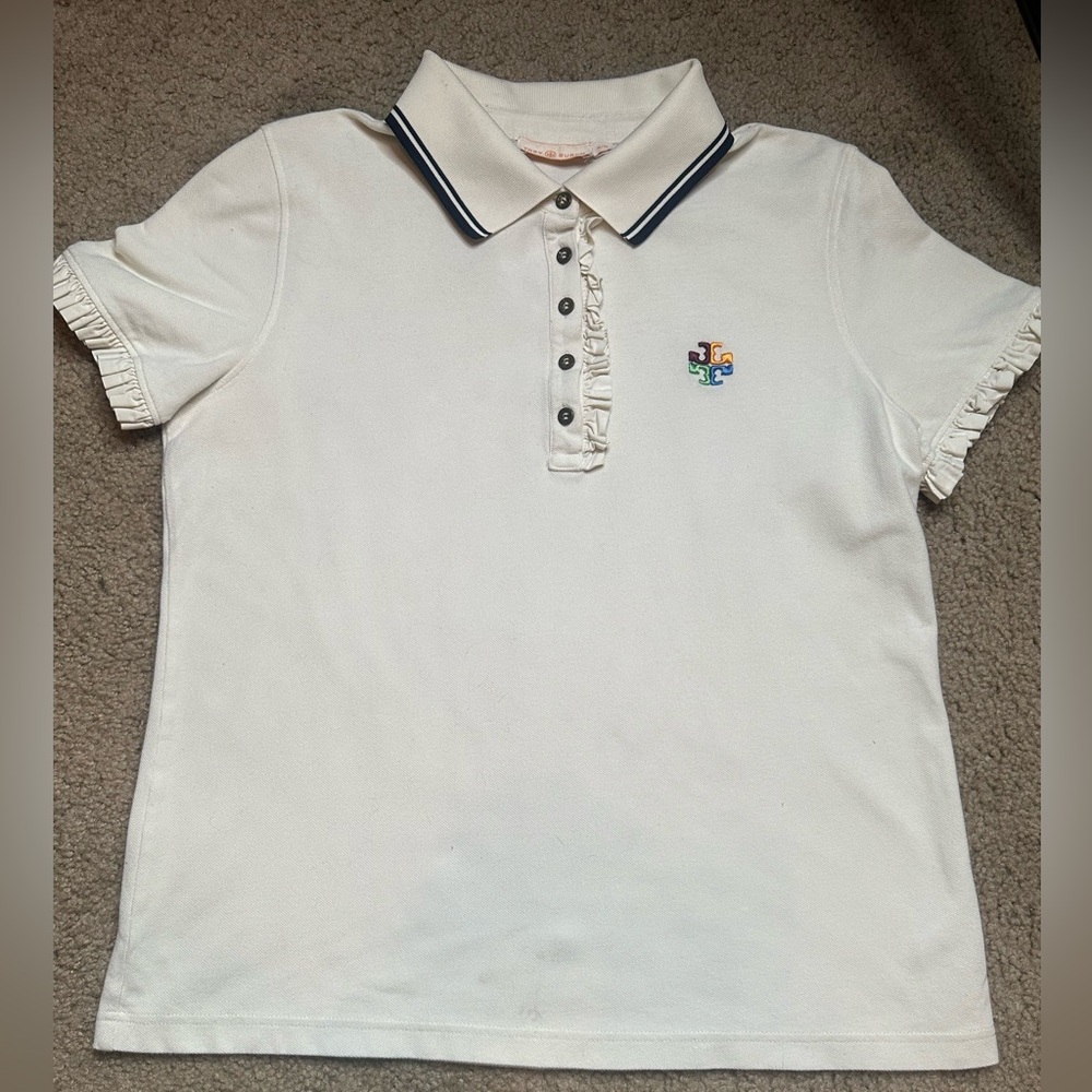 TORY BURCH PIQUE RUFFLE PLACARD & SS POLO COLLARED TOP -WHITE